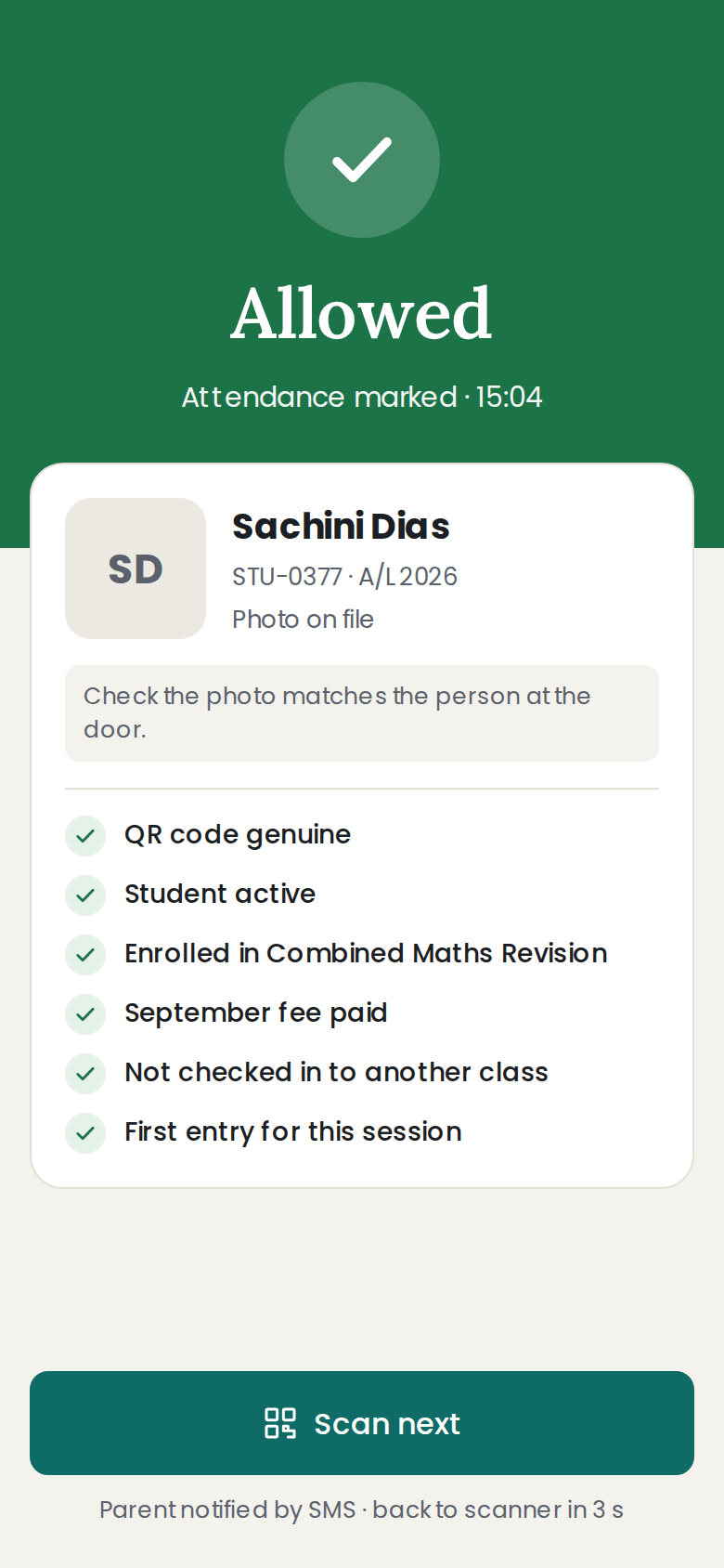 Gatekeeper app showing a student allowed in