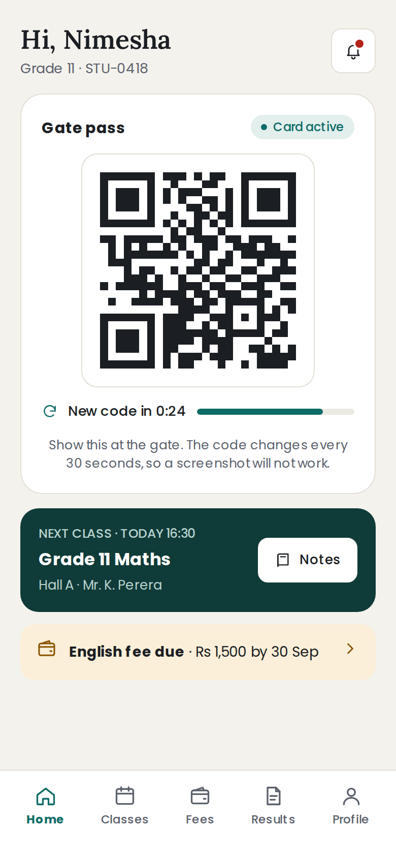 Student app showing the QR gate pass